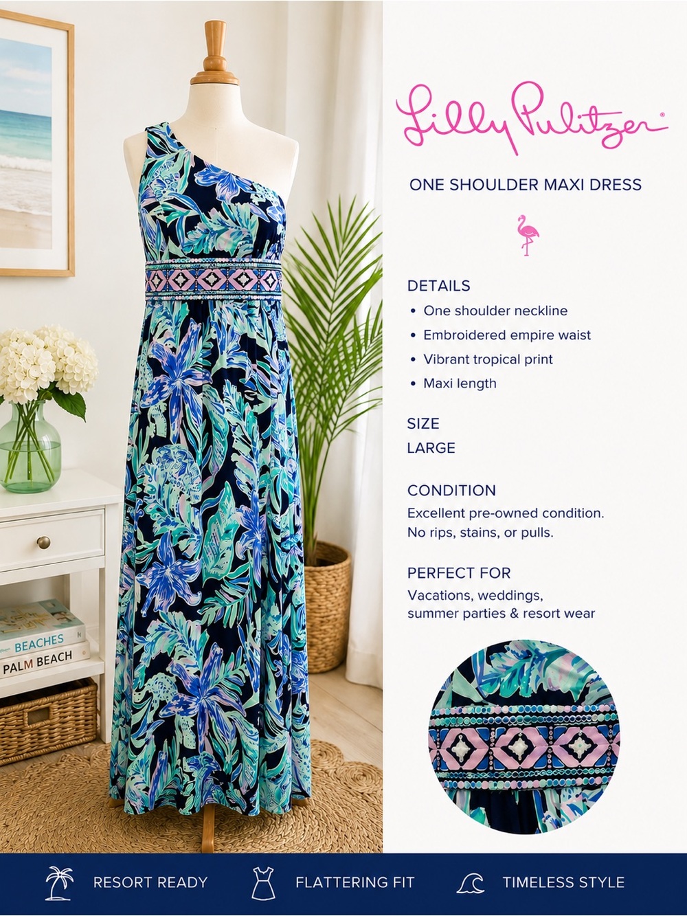 Lilly Pulitzer Navy and Aqua One-Shoulder Maxi Dress